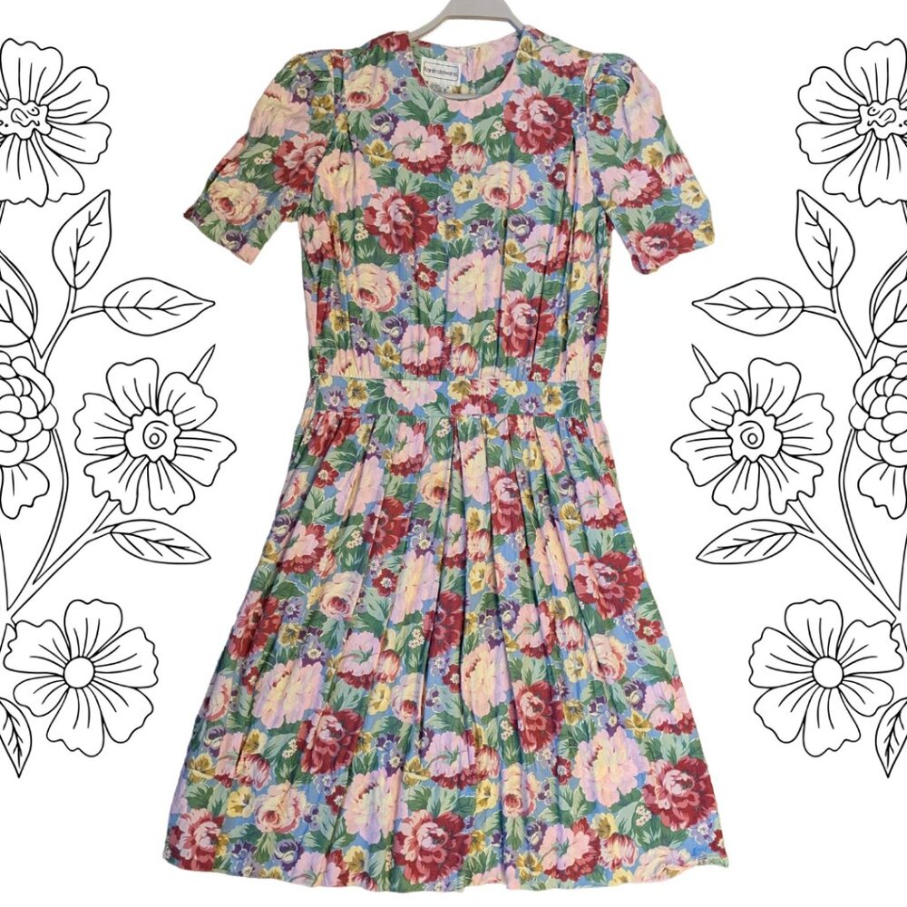 Vintage Floral Dress - Puff Sleeves & Button-Down Back